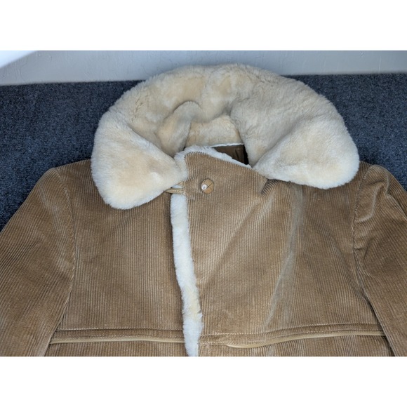 NICE Vintage 1970s Corduroy Coat Men 40 Tan Corduroy Faux Fur Collar Yugoslavia - Picture 7 of 11